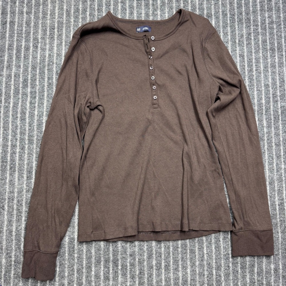 Gap Womens Henley Top XXL Tall Terra Brown Long Sleeve Ribbed Cotton Modal Blend
